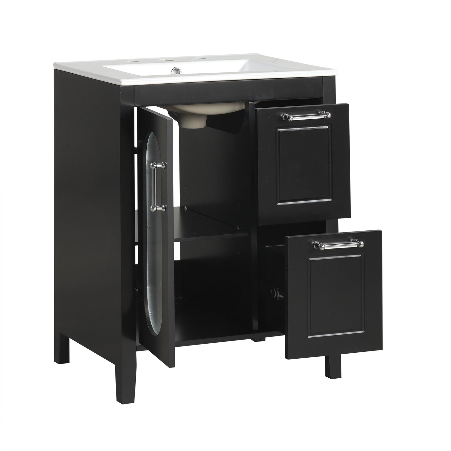PAPROOS 24 inch Bathroom Vanity with Sink, Wood Freestanding Bathroom Cabinet Vanity with 2 Drawers and Door, Modern Bathroom Storage Cabinet with Glass Door, Adjustable Shelf and Solid Frame, Grey