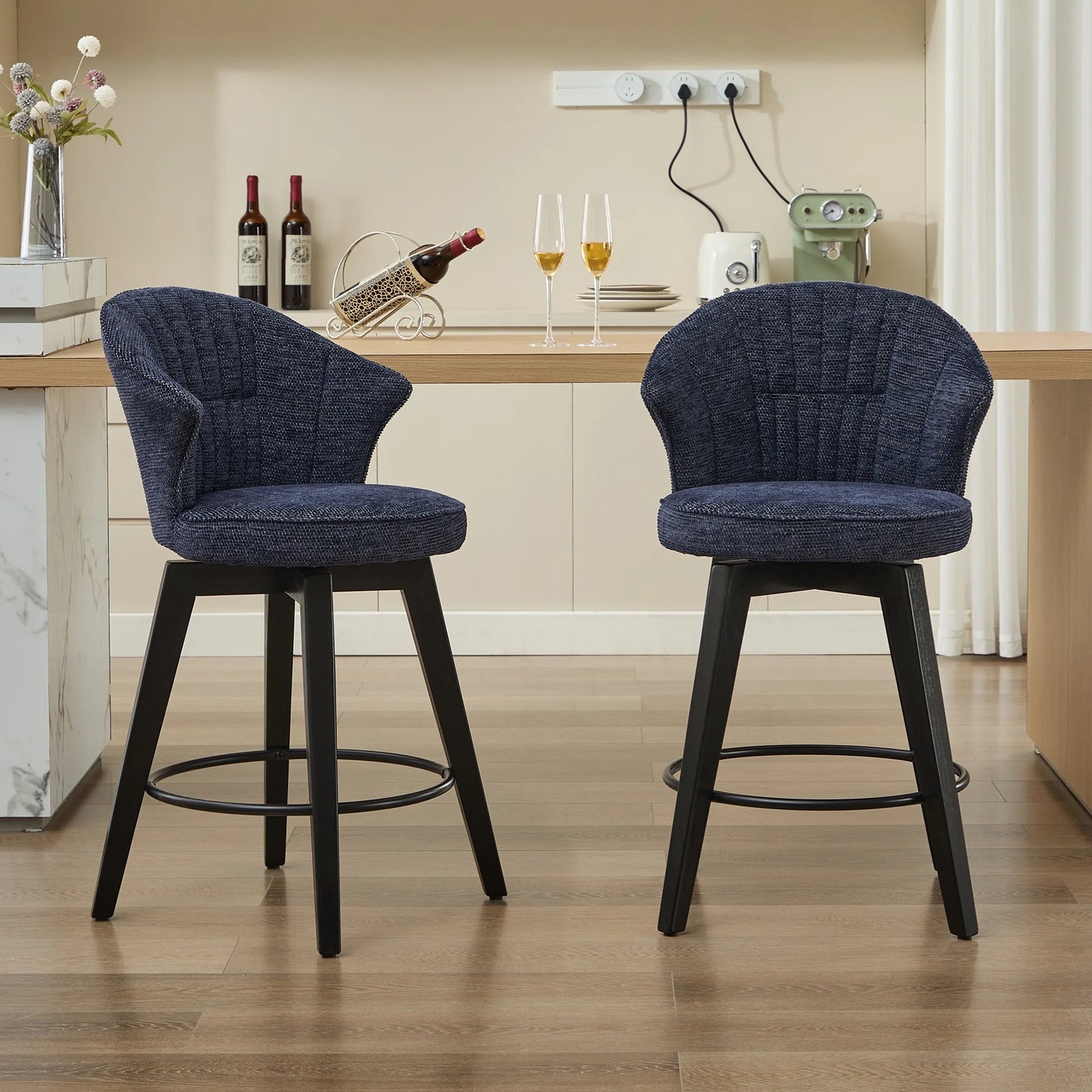 PAPROOS Swivel Bar Stools Set of 2, Modern Counter Height Stools with Chenille Upholstery, Kitchen Barstools with Solid Wood Frame for Kitchen Island