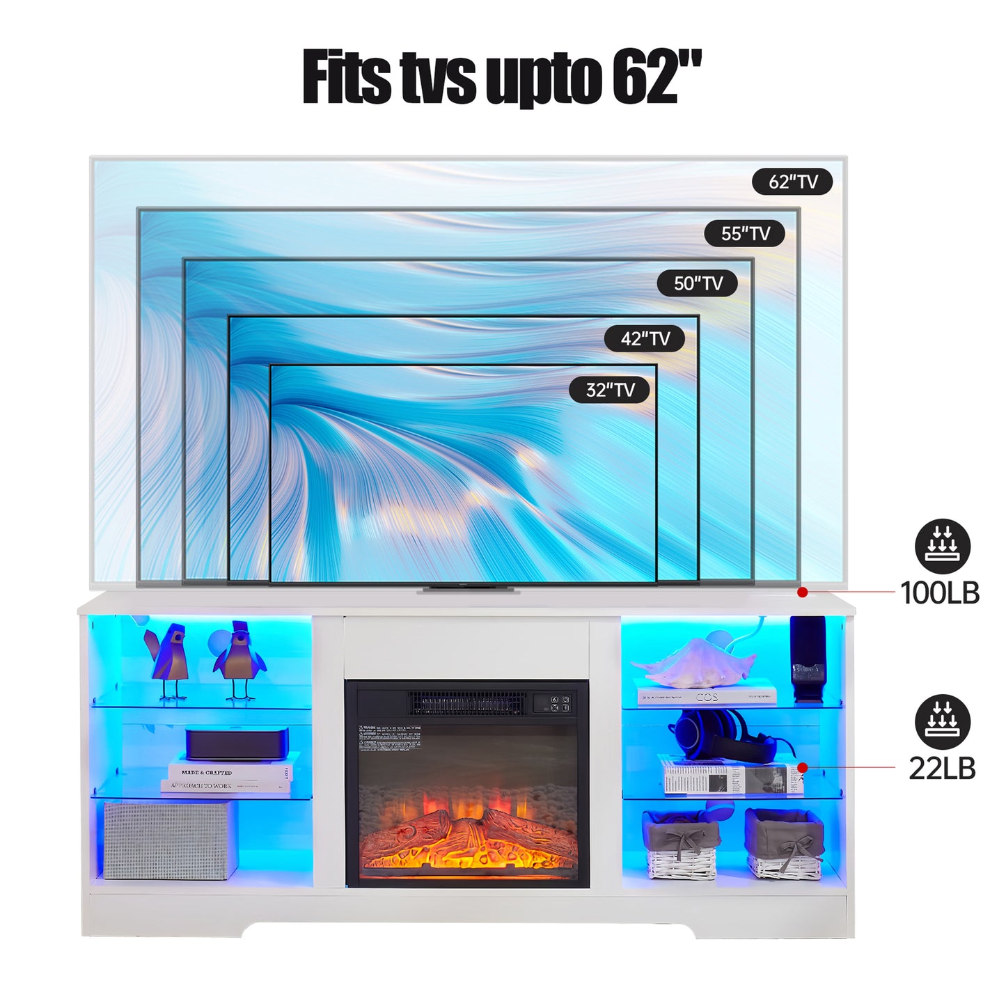 PAPROOS TV Stand With Fireplace for 60" TV, Modern TV Cabinet Entertainment Center with LED Light and 18" Fireplace, Wood TV Console with Glass Shelves, Charging Station, 2-IN-1 Design, White