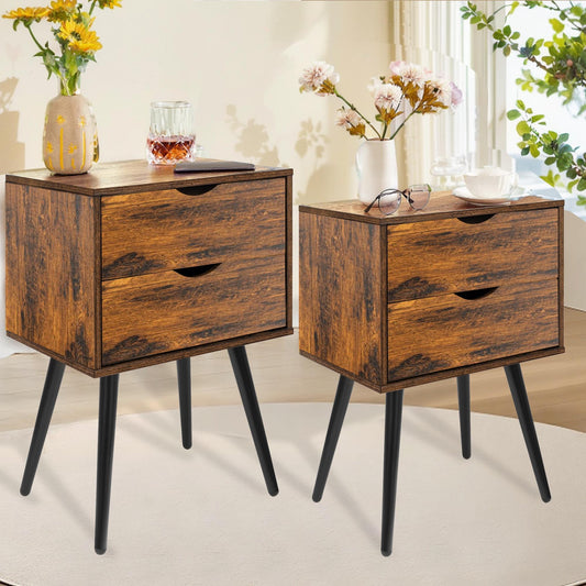 Nightstands Set of 2, Bedroom Bedside Table with 2 Drawers Storage, Country Style Night End Table with Large Storage Space, Suitable for Living Room Bedroom, Rustic Brown