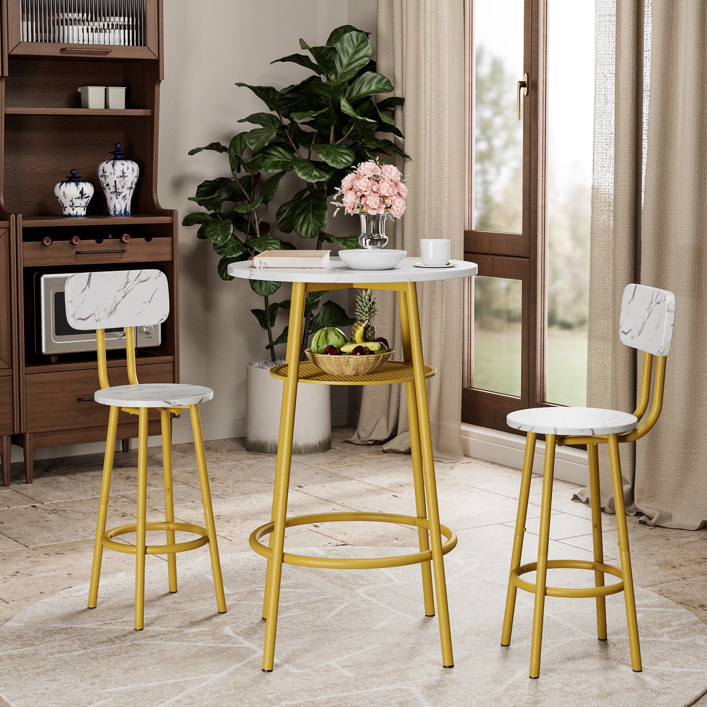 Piece Counter Height Dining Set, Paproos 23" Round Bar Table and 2 Bar Stools, Pub Table with Storage Rack, Bar Stools with Backrest, Industrial Bar Table Set for Kitchen Breakfast Nook