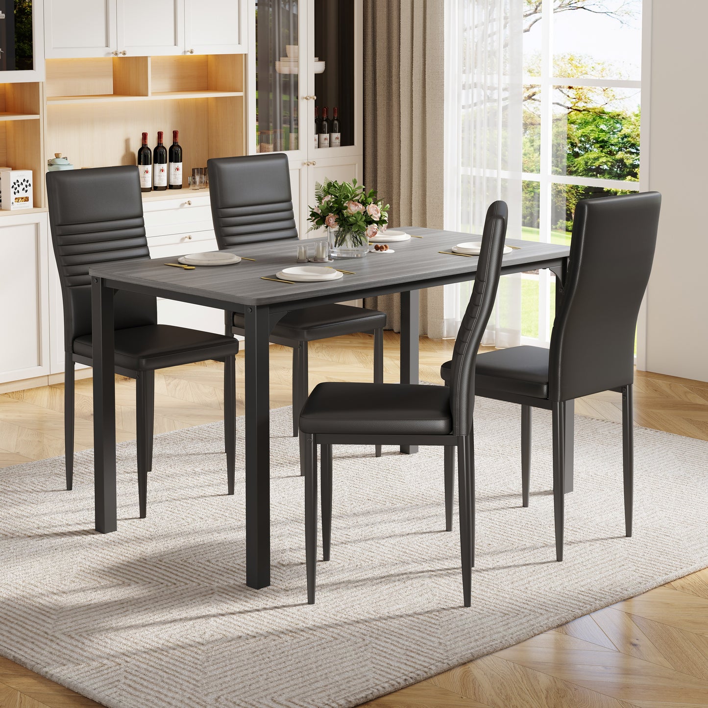 5 Piece Dining Table Set for 4, Paproos Wooden Dining Table and Chairs Set, Modern Kitchen Table Set with PU Leather Upholstered Chairs, Dining Room Table Set for Living Room Breakfast Nook