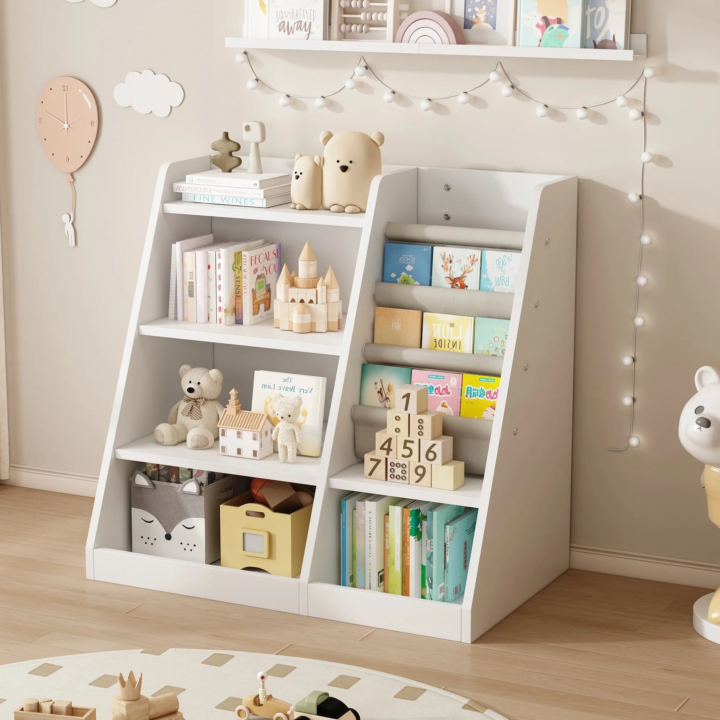 4-Tier Kids Bookshelf with 4 Layer Sling Bookcases, Wooden Toy Storage Organizer Cabinet, Adjustable Shelf for Classroom, Kids Bedroom, Nursery, Yellow