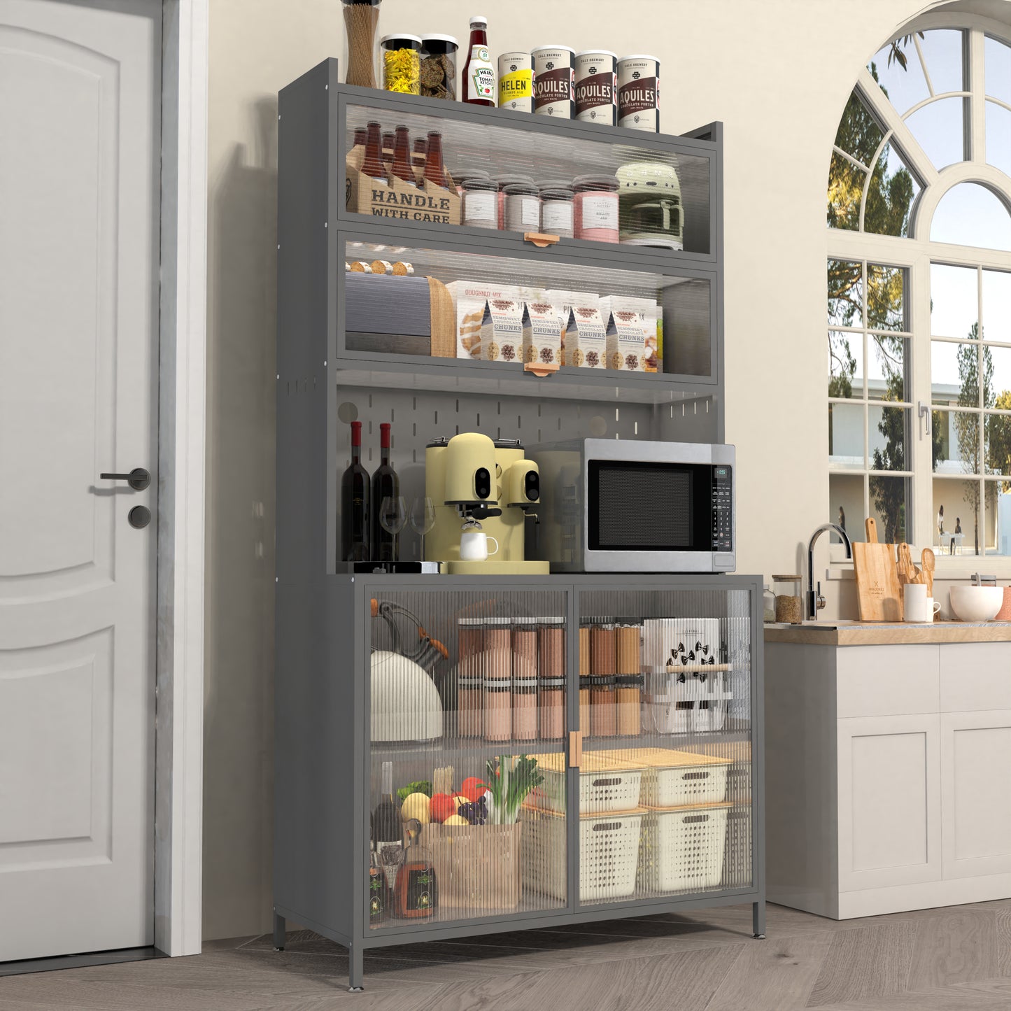 PAPROOS 73” Tall Kitchen Pantry Cabinet, Metal Pantry Cabinet with 6 Level Flip Doors, Pegboard, Modern Pantry Storage Cabinet with Anti-Tip Design, Hutch for Kitchen, Dining Room, Living Room