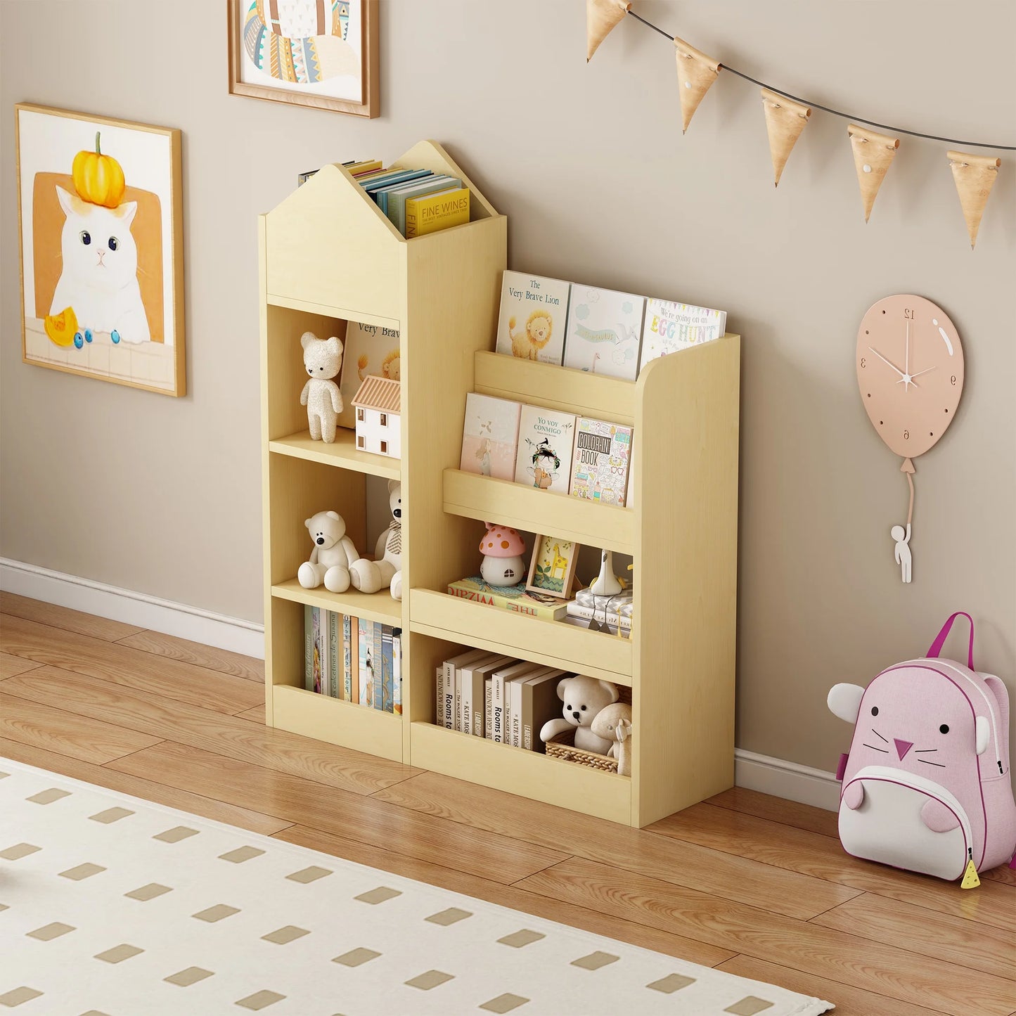 Kids Bookshelf, Wooden Kids Bookcase with Toy Storage Organizer Cabinet, Children Multi Shelf Cubby for Classroom, Kids Bedroom, Nursery, Wood