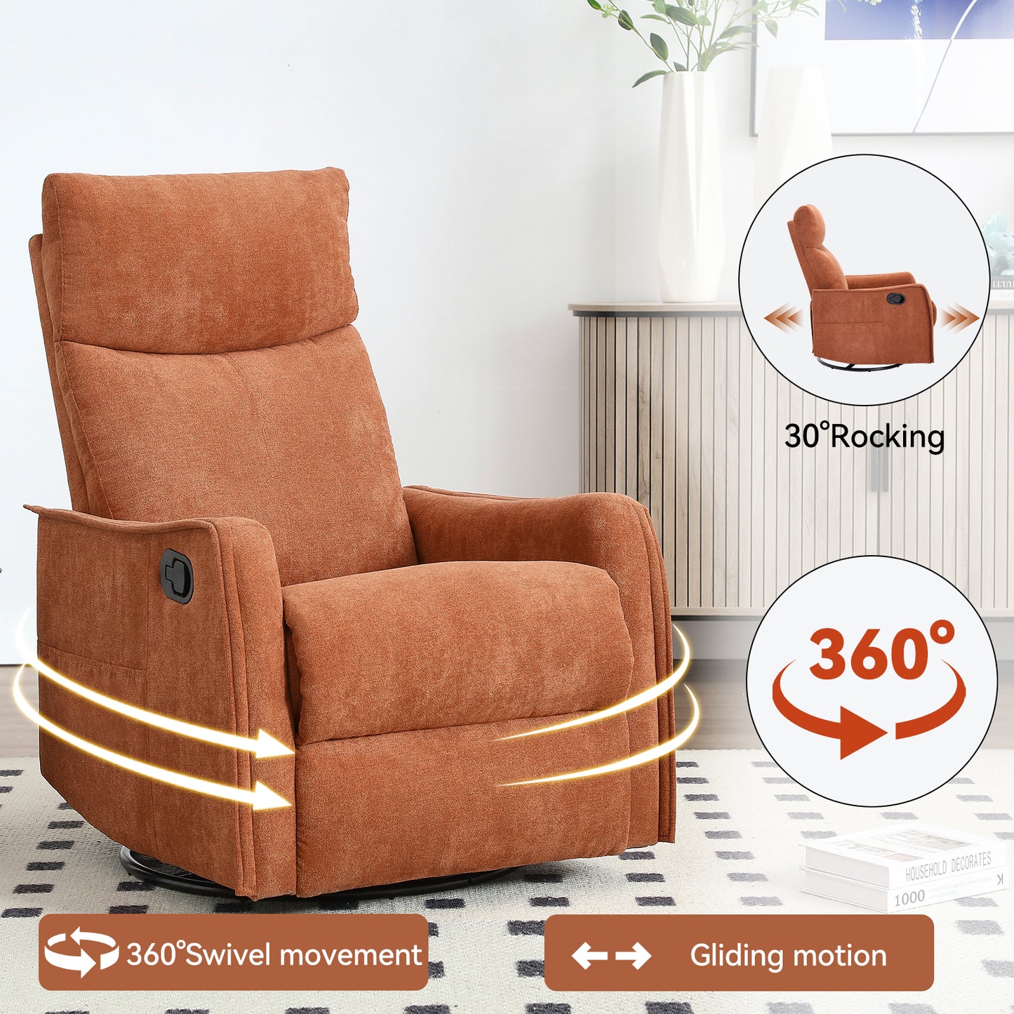 PAPROOS Heat Massage Recliner Chair, 360°Swivel Rocker Recliner Chair, Home Theater Recliner with 2 Side Pockets, Push Back Recliner, Nursery Chair for Bedroom, Living Room