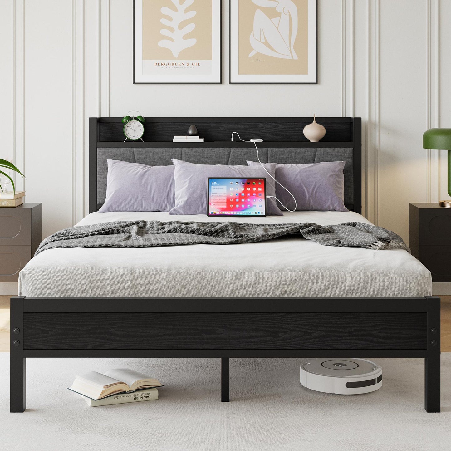 paproos Twin Metal Platform Bed Frame, Mattress Foundation with Vintage Upholstered Headboard, Footboard, Frame and Heavy Duty Steel Slats, No Box Spring Needed, Easy Assembly, Black