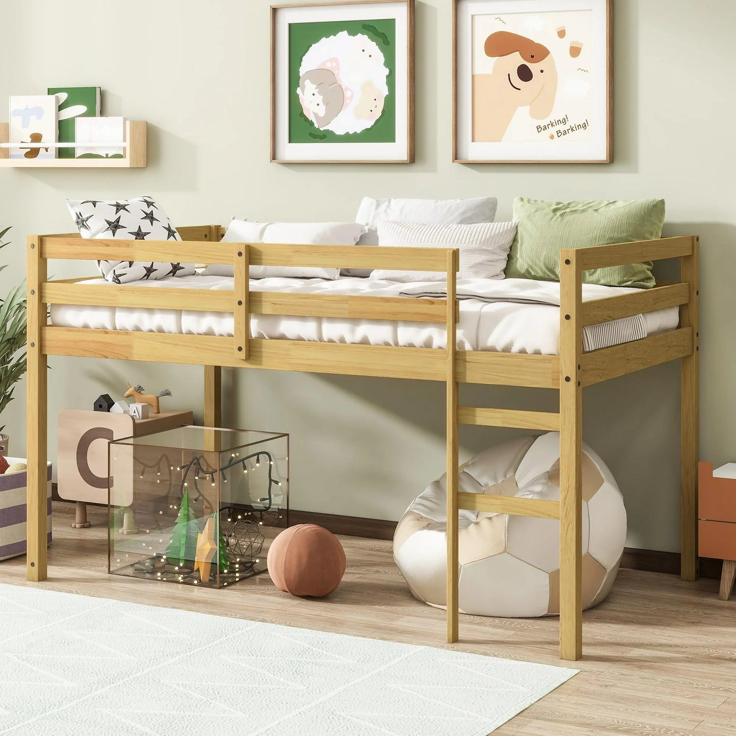 PAPROOS Solid Wood Twin-Size Low Loft Bed with Ladder, White
