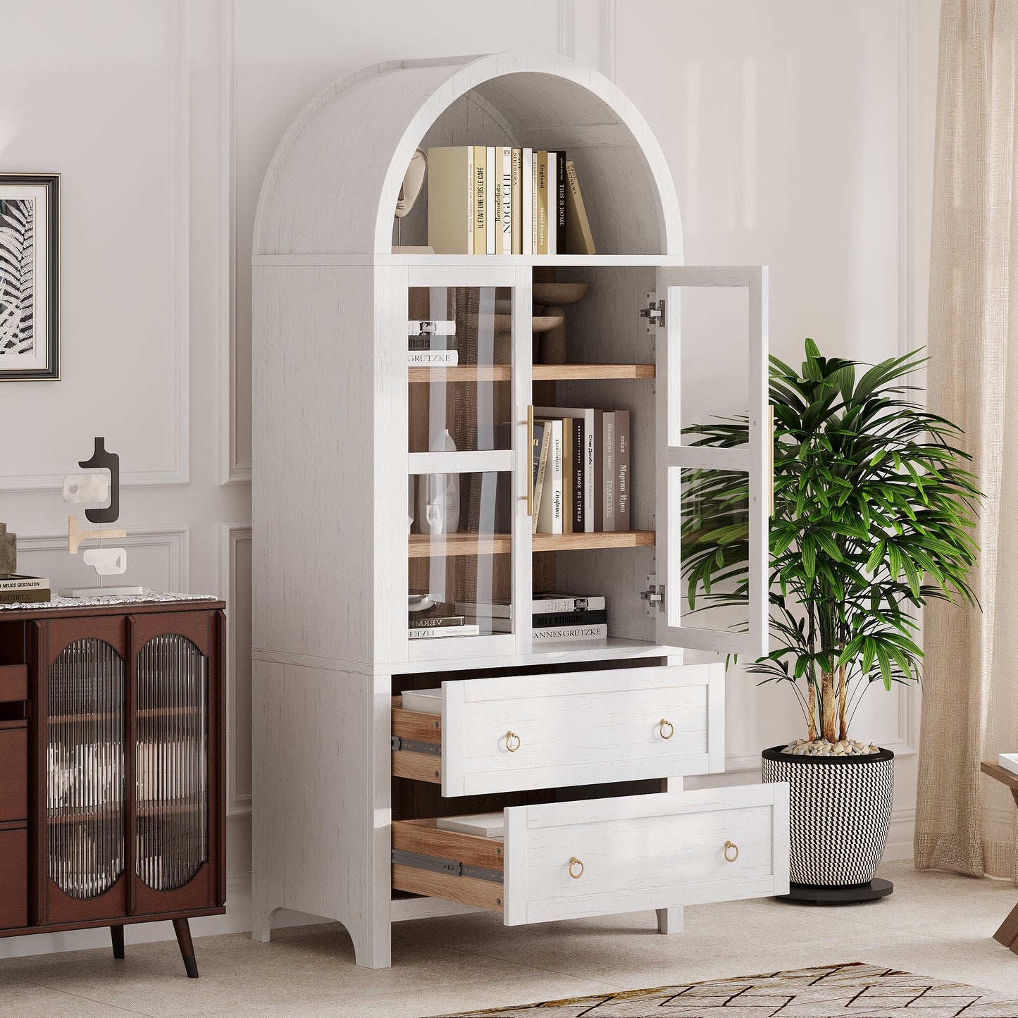 PAPROOS 71” H Arched Kitchen Pantry Cabinet, Wood Tall Pantry Storage Cabinet with 2 Large Drawers, 2 Glass Doors, Modern Farmhouse Hutch Cupboard with Adjustable Shelves for Living Room, White