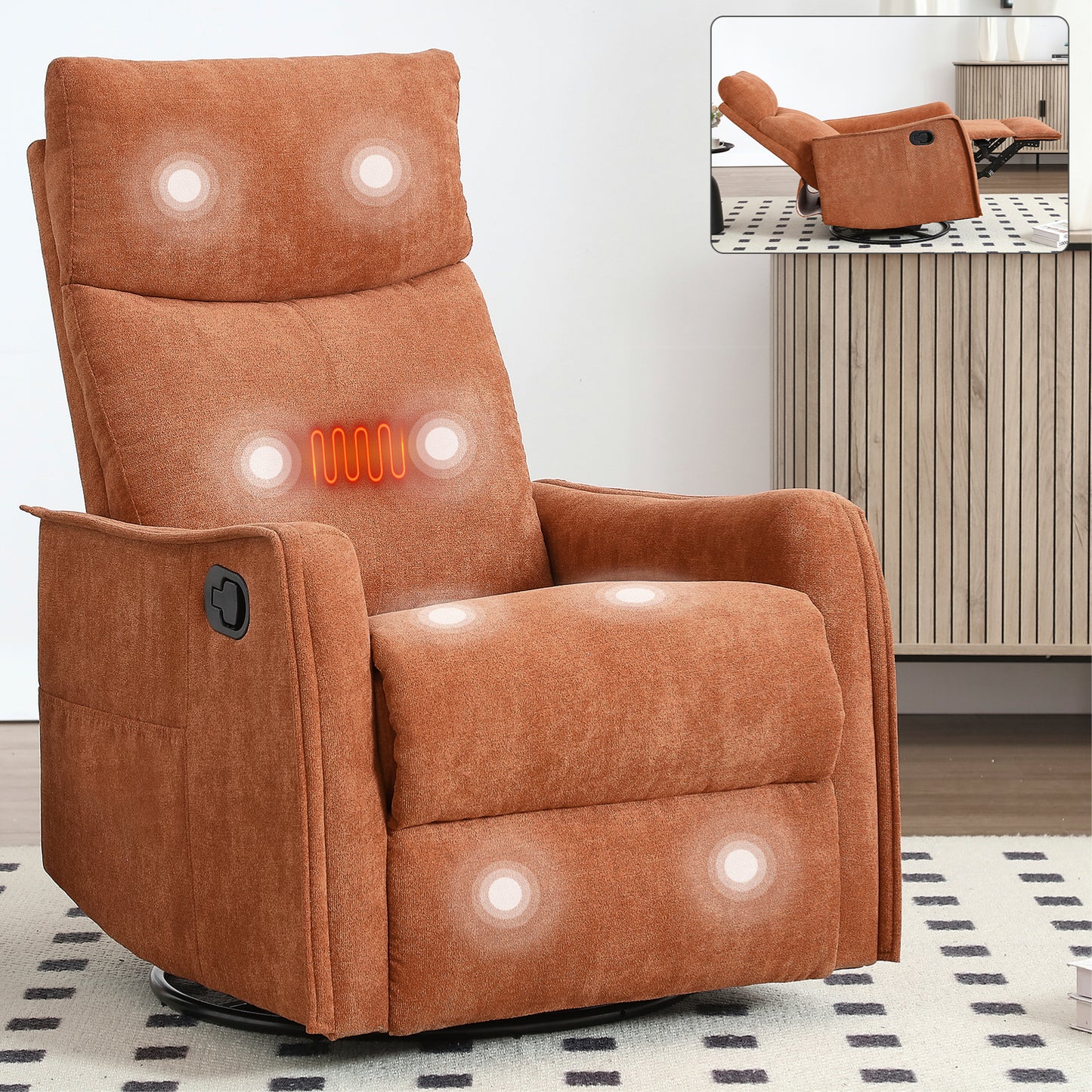 PAPROOS Heat Massage Recliner Chair, 360°Swivel Rocker Recliner Chair, Home Theater Recliner with 2 Side Pockets, Push Back Recliner, Nursery Chair for Bedroom, Living Room