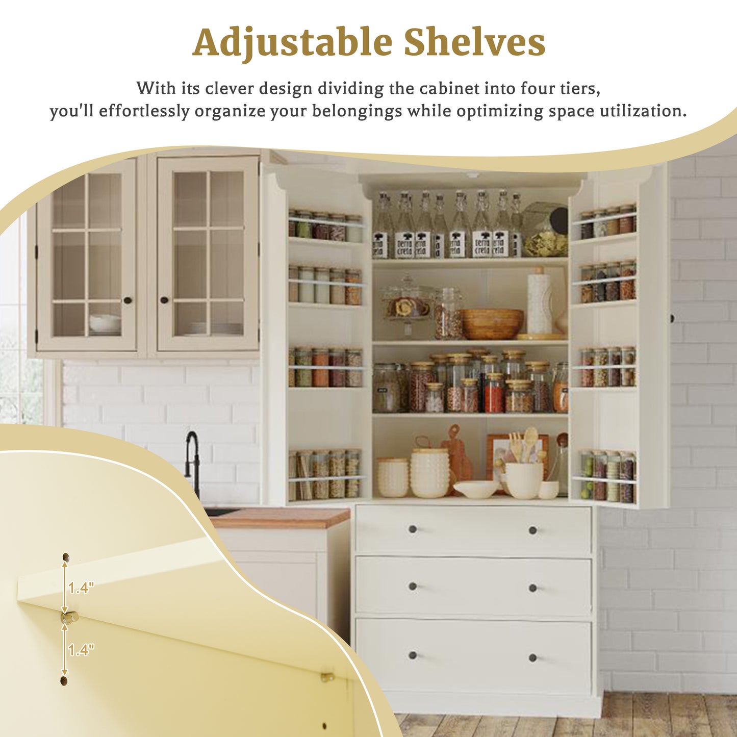 PAPROOS 77" Tall Pantry Cabinet, Wood Kitchen Pantry Storage Cabinet with 3 Drawers, 2 Doors, Farmhouse Cupboard Storage with 3 Adjustable Shelves, 8 Door Shelves for Dining Room, Craft Room, White