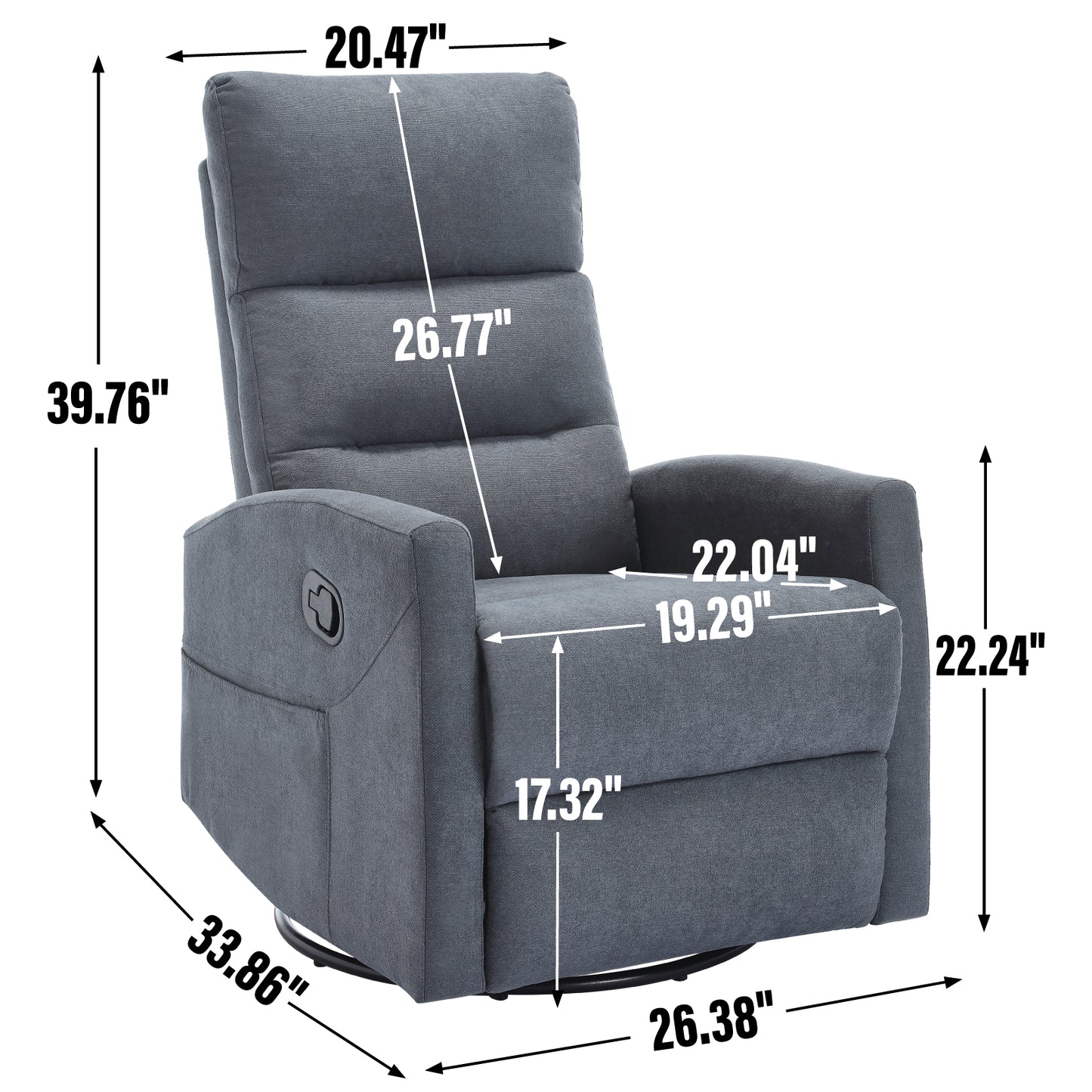 PAPROOS Swivel Rocker Recliner, Fabric 360° Swivel Rocking Recliner with 2 Side Pockets, Glider Rocking Chair for Baby Nursery, Manual Recliner for Adults for Home Theater Living Room