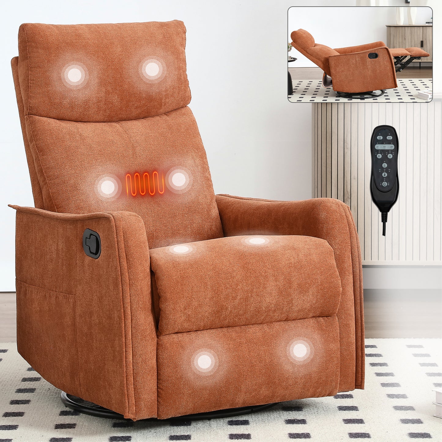 PAPROOS Heat Massage Recliner Chair, 360°Swivel Rocker Recliner Chair, Home Theater Recliner with 2 Side Pockets, Push Back Recliner, Nursery Chair for Bedroom, Living Room