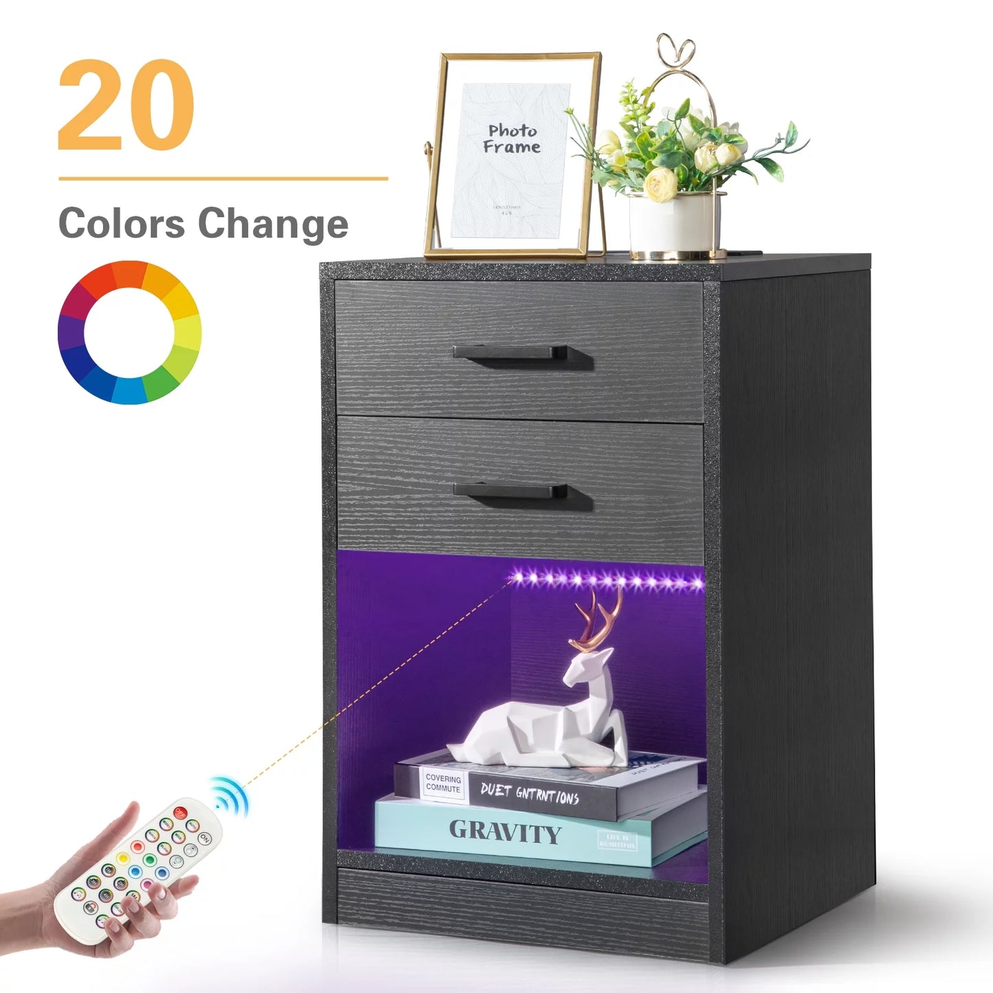 paproos LED Nightstand with 2 High Gloss Drawers, Modern White Nightstand with Remote Control LED, Tall Bedside Table, Nightstand with Storage Drawers for Bedroom Living Room