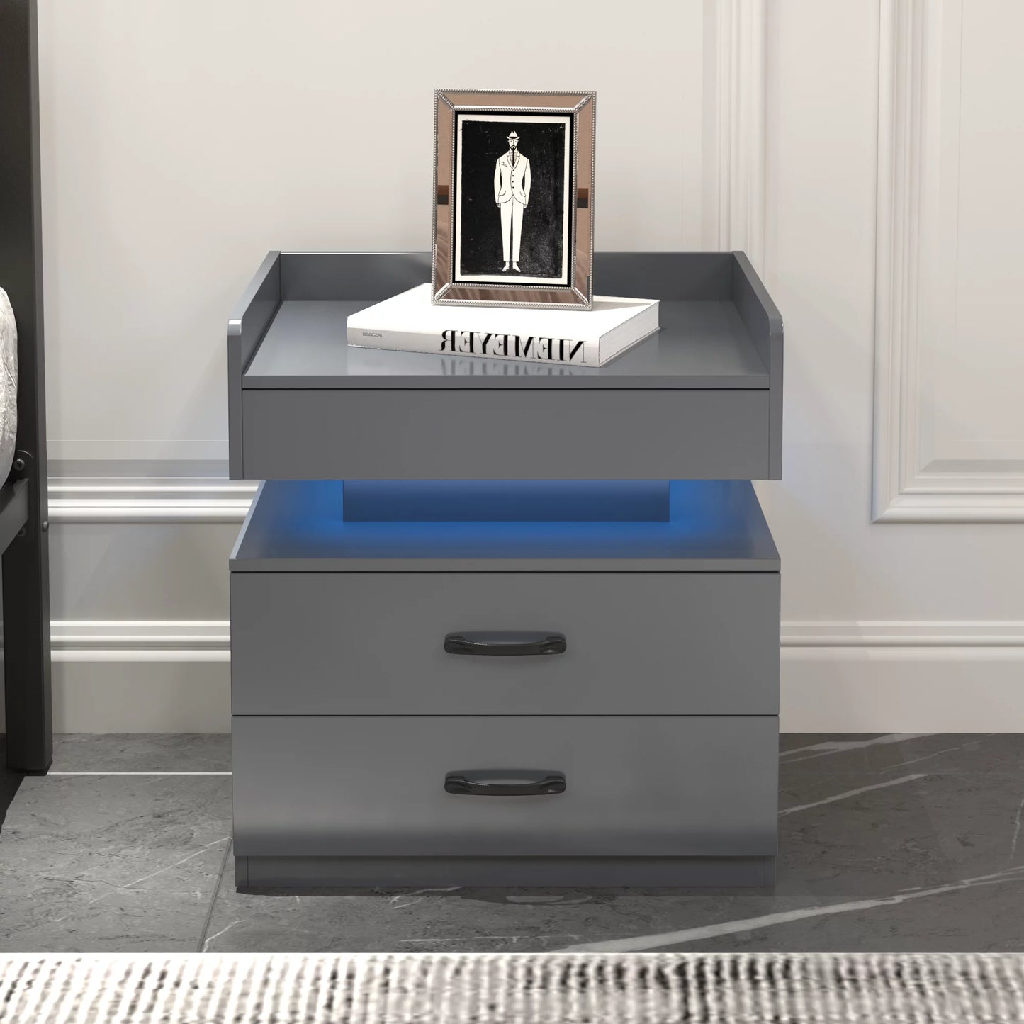 paproos LED Nightstand with 2 High Gloss Drawers, Modern White Nightstand with Remote Control LED, Tall Bedside Table, Nightstand with Storage Drawers for Bedroom Living Room