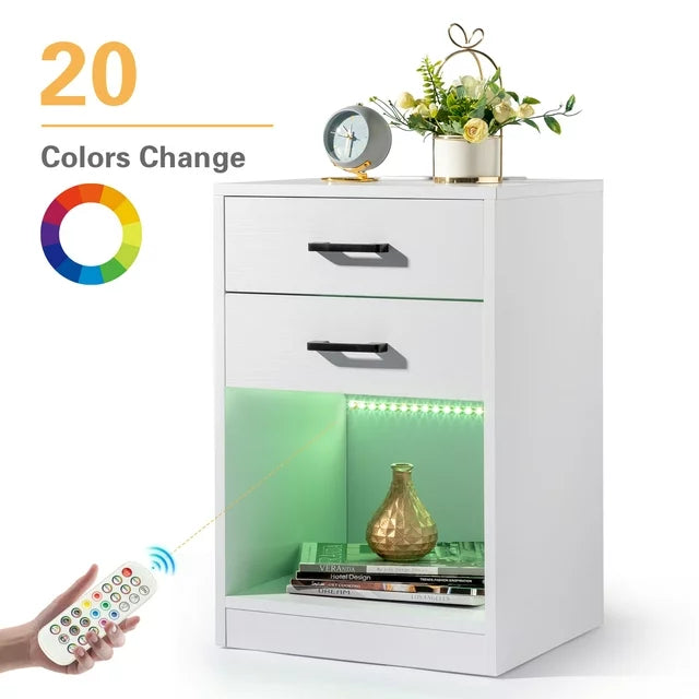 paproos LED Nightstand with 2 High Gloss Drawers, Modern White Nightstand with Remote Control LED, Tall Bedside Table, Nightstand with Storage Drawers for Bedroom Living Room