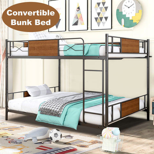 Full over Full Metal Bunk Beds, Paproos Industrial Metal Bunk Beds Full Over Full, Low Full Size Bunk Bed for Kids and Teens, Convertible into 2 Full Size Beds, No Box Spring Need, Load-Bearing 400lb