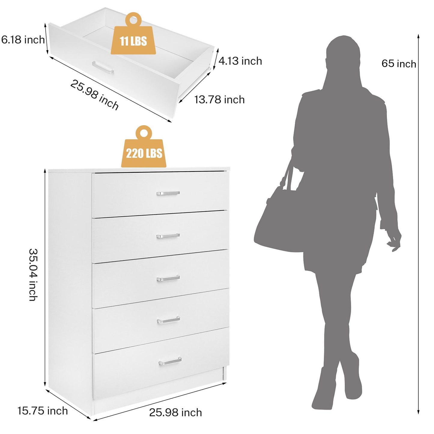 SYNGAR White 5 Drawer Dresser, Chest of Drawers for Bedroom, Modern Storage Cabinet Dresser Organizer Unit with Handle for Living Room, Closet, Hallway, Nursery