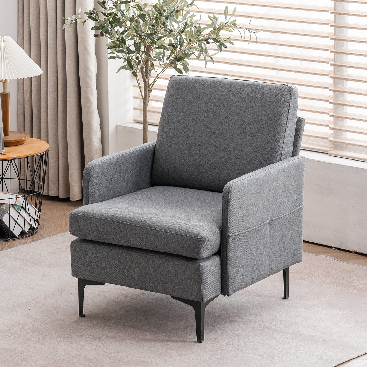 paproos Modern Accent Chair with Wood Legs, Velvet Upholstered Armchair, Club Leisure Modern Chair for Living Room Bedroom, Gray