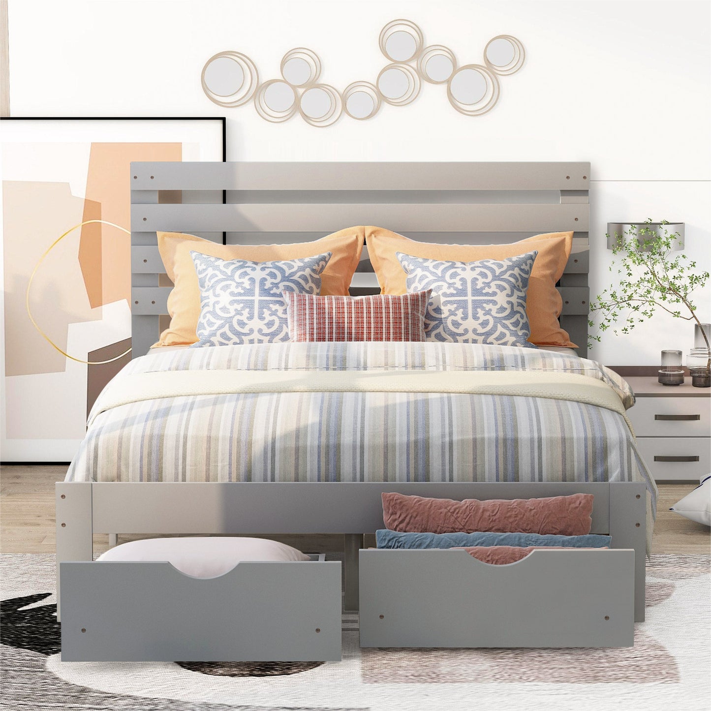 paproos Full Bed with Storage, Heavy Duty Wood Platform Bed Frame with Headboard and Under-bed Drawers, No Box Spring Needed, White