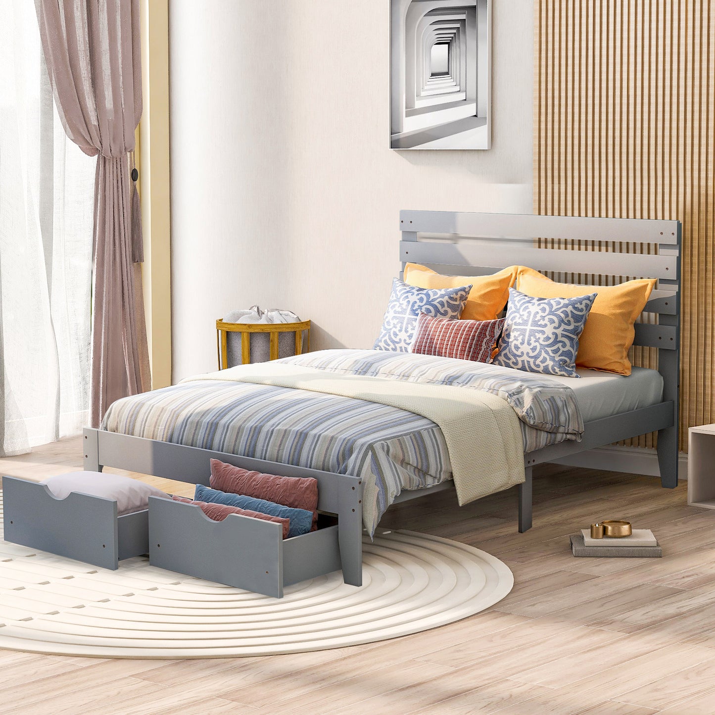 paproos Full Bed with Storage, Heavy Duty Wood Platform Bed Frame with Headboard and Under-bed Drawers, No Box Spring Needed, White