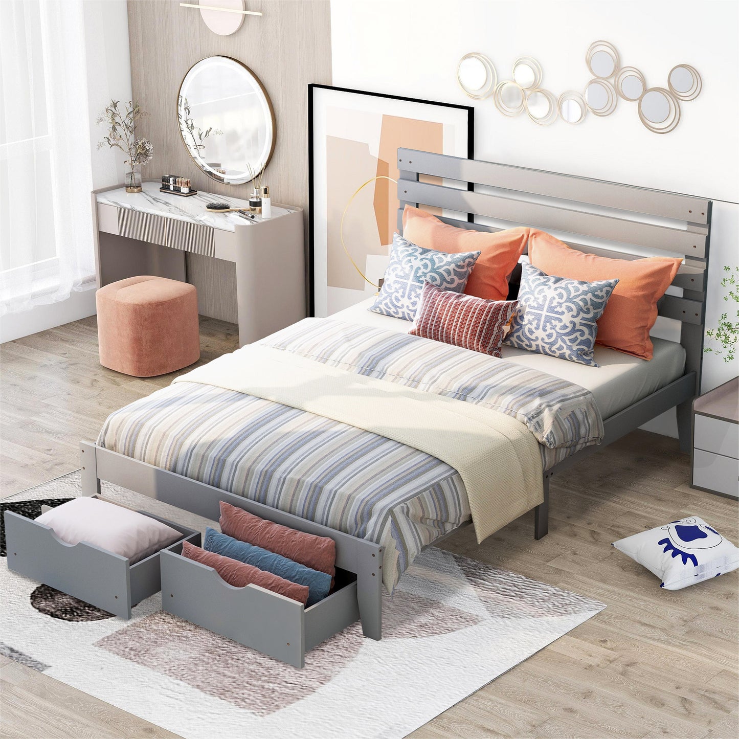 paproos Full Bed with Storage, Heavy Duty Wood Platform Bed Frame with Headboard and Under-bed Drawers, No Box Spring Needed, White
