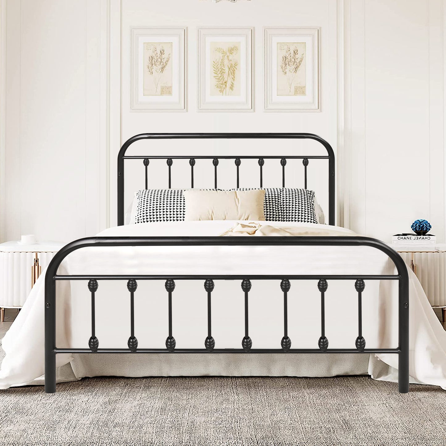 paproos Full Size Platform Steel Bed Frame, Full Size Bed Mattress Foundation Support with Vintage Headboard and Footboard, Black Iron-Art Platform Bed, No Box Spring Need