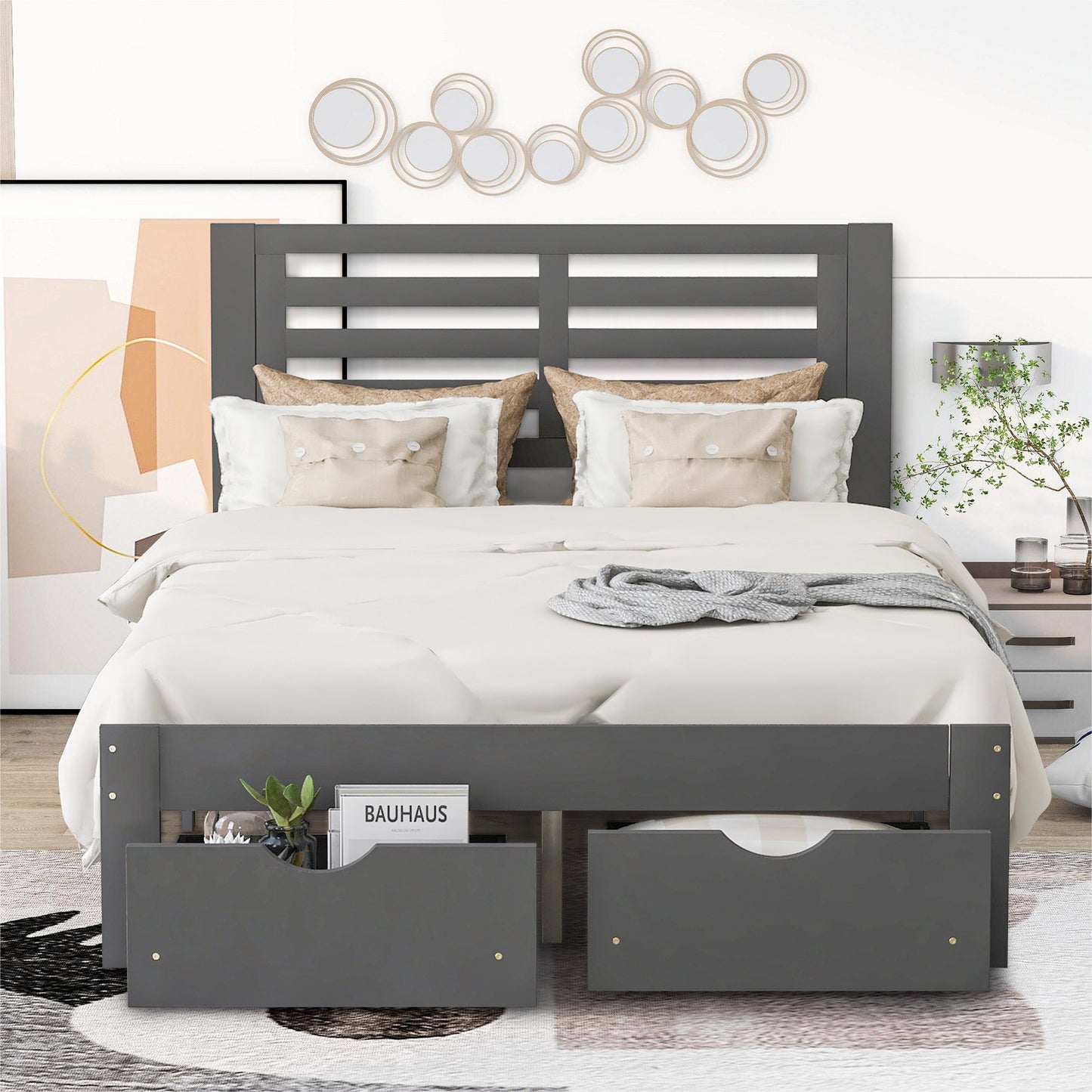 paproos Full Bed with Storage, Heavy Duty Wood Platform Bed Frame with Headboard and Under-bed Drawers, No Box Spring Needed, White