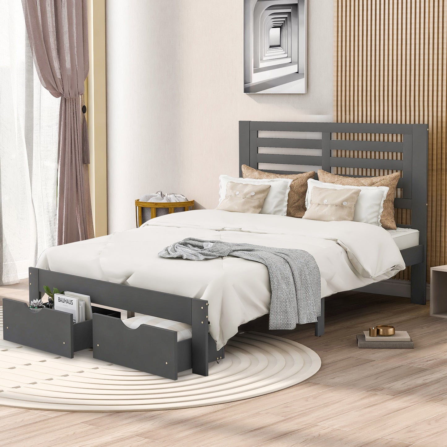 paproos Full Bed with Storage, Heavy Duty Wood Platform Bed Frame with Headboard and Under-bed Drawers, No Box Spring Needed, White