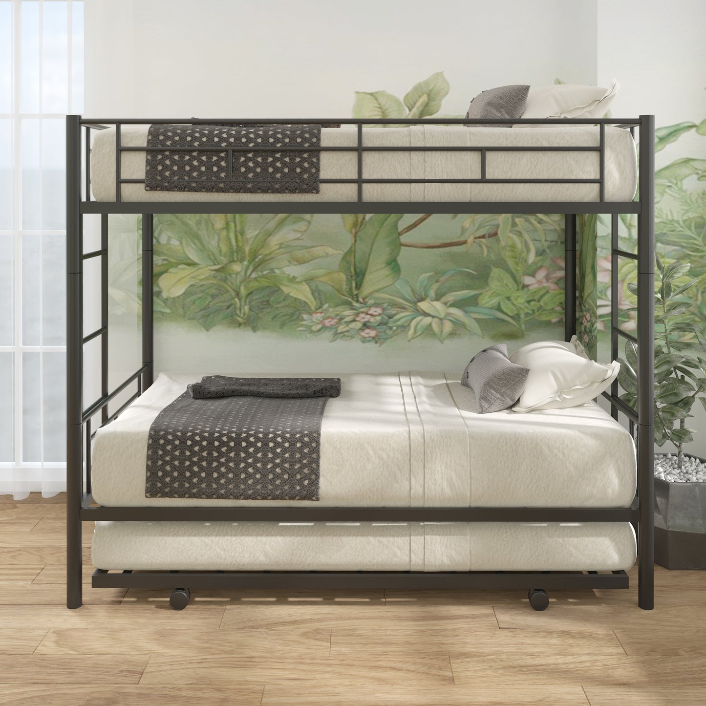 paproos Metal Bunk Bed with Trundle, Heavy Duty Twin Over Twin Bunk Bed Frame with 2 Ladders and Full-Length Guardrails, Bunk Bed No Box Spring Needed (Black)