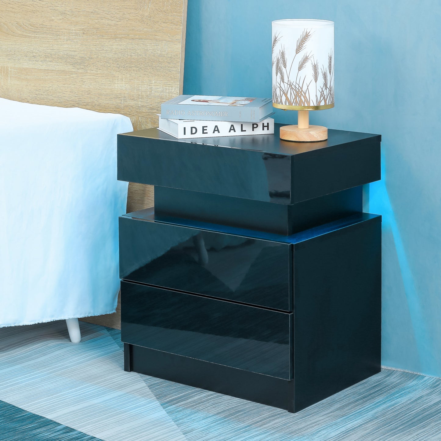 paproos LED Nightstand with 2 High Gloss Drawers, Modern White Nightstand with Remote Control LED, Tall Bedside Table, Nightstand with Storage Drawers for Bedroom Living Room