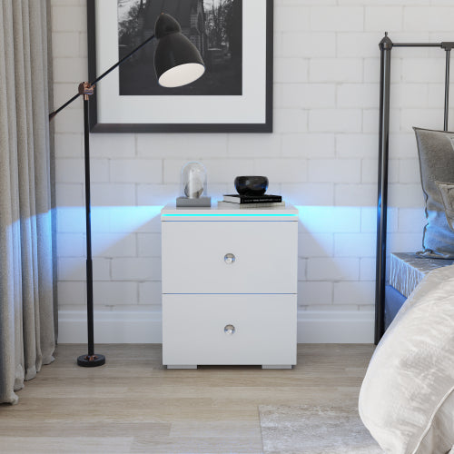 paproos LED Nightstand with 2 High Gloss Drawers, Modern White Nightstand with Remote Control LED, Tall Bedside Table, Nightstand with Storage Drawers for Bedroom Living Room
