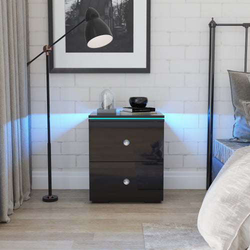 paproos LED Nightstand with 2 High Gloss Drawers, Modern White Nightstand with Remote Control LED, Tall Bedside Table, Nightstand with Storage Drawers for Bedroom Living Room
