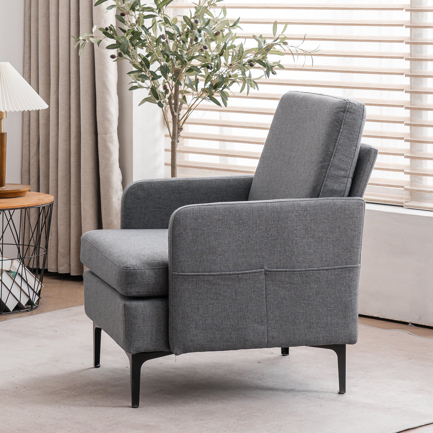 paproos Modern Accent Chair with Wood Legs, Velvet Upholstered Armchair, Club Leisure Modern Chair for Living Room Bedroom, Gray