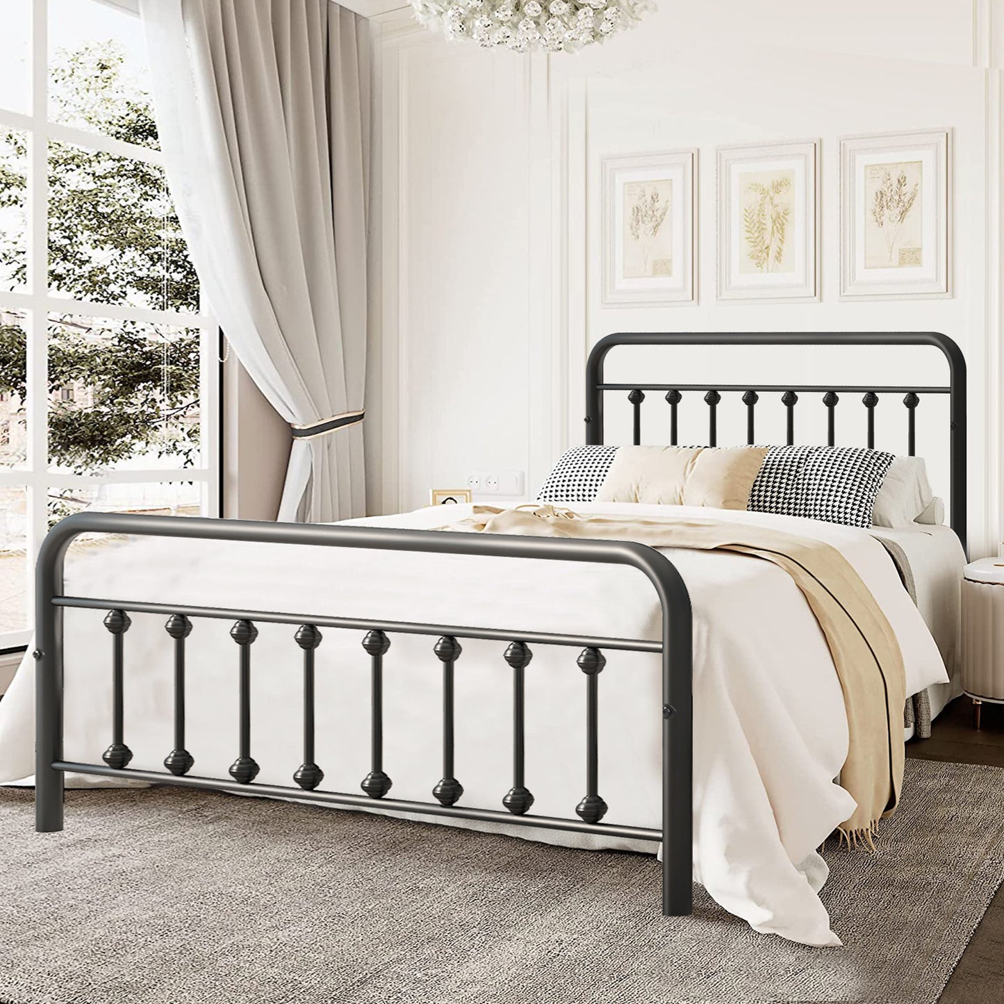 paproos Full Size Platform Steel Bed Frame, Full Size Bed Mattress Foundation Support with Vintage Headboard and Footboard, Black Iron-Art Platform Bed, No Box Spring Need