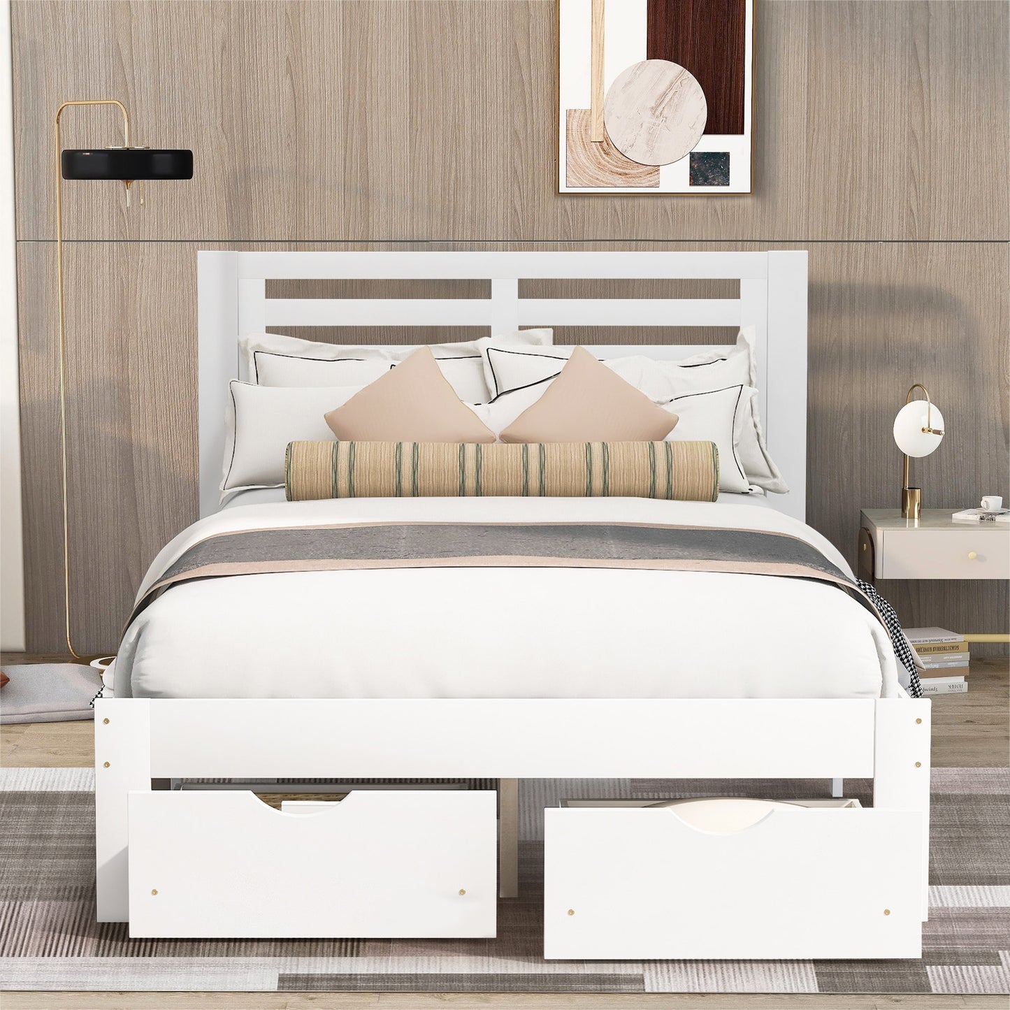 paproos Full Bed with Storage, Heavy Duty Wood Platform Bed Frame with Headboard and Under-bed Drawers, No Box Spring Needed, White