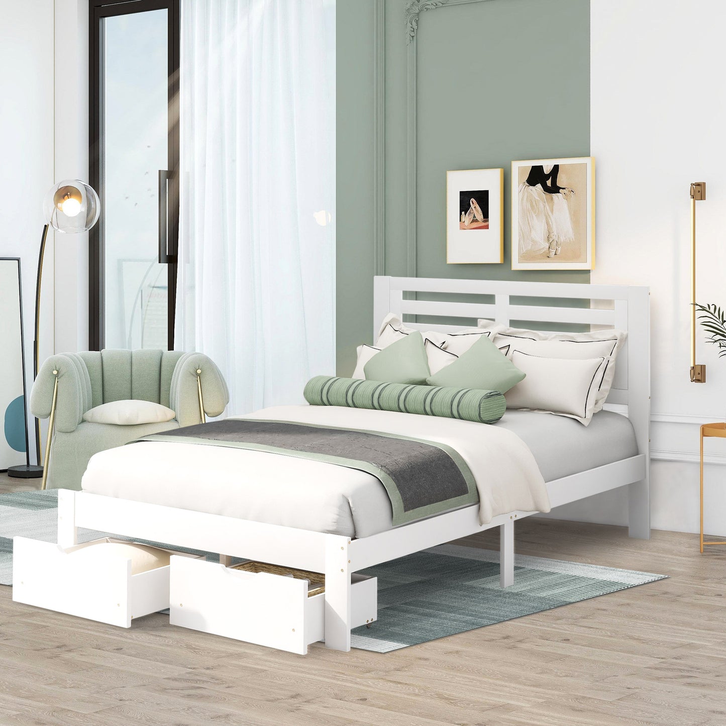 paproos Full Bed with Storage, Heavy Duty Wood Platform Bed Frame with Headboard and Under-bed Drawers, No Box Spring Needed, White