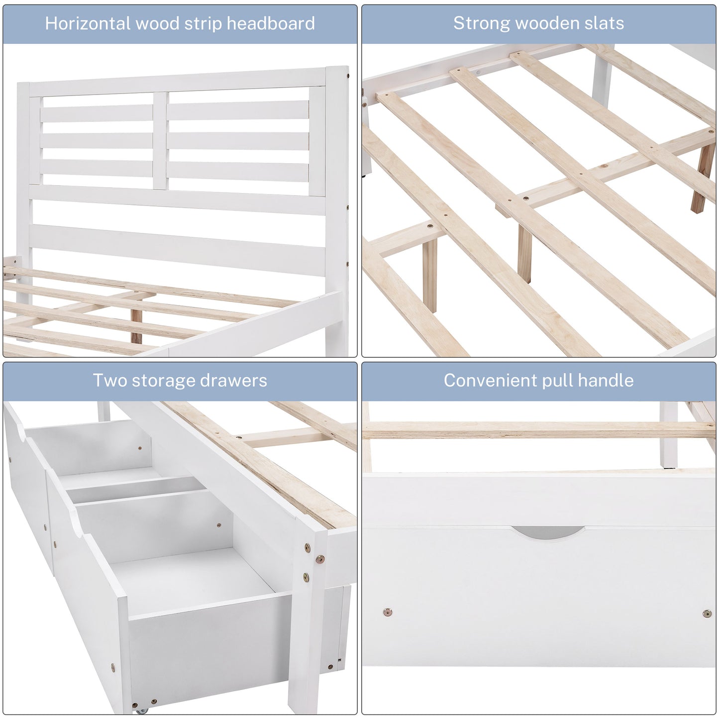 paproos Full Bed with Storage, Heavy Duty Wood Platform Bed Frame with Headboard and Under-bed Drawers, No Box Spring Needed, White