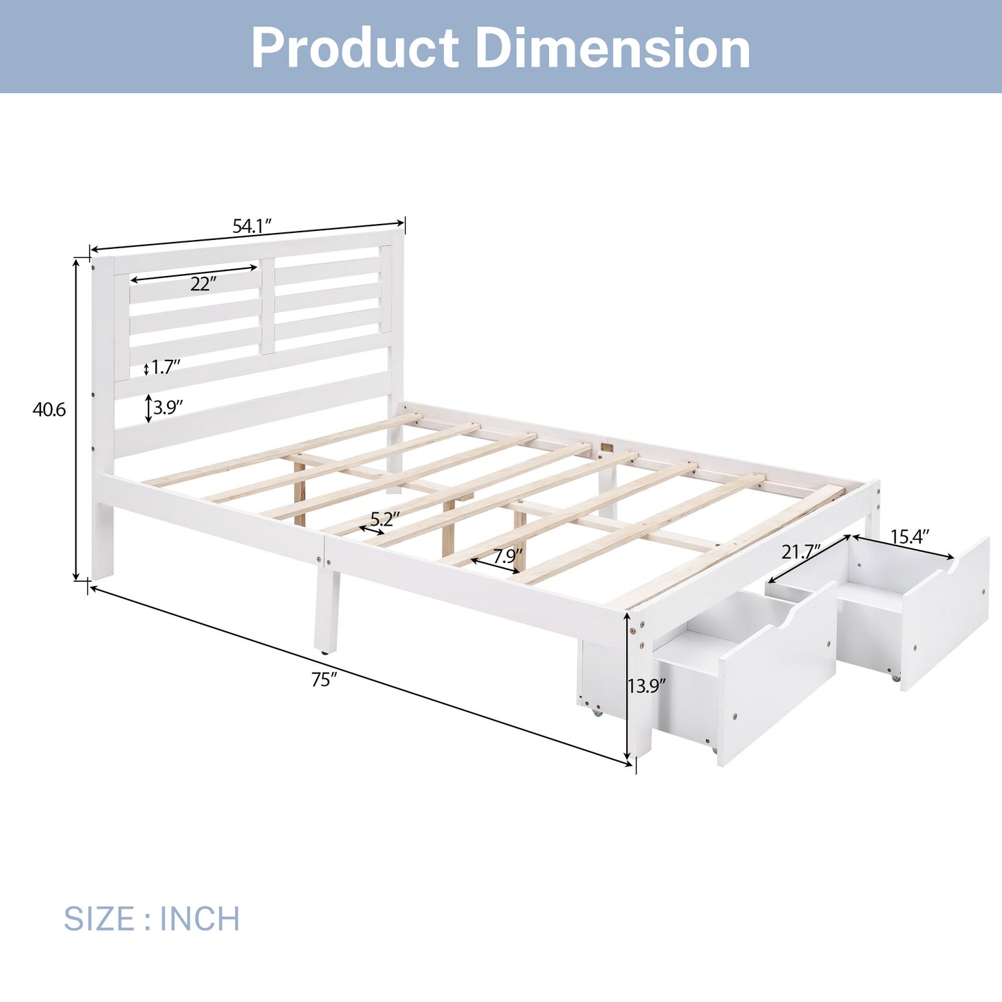 paproos Full Bed with Storage, Heavy Duty Wood Platform Bed Frame with Headboard and Under-bed Drawers, No Box Spring Needed, White