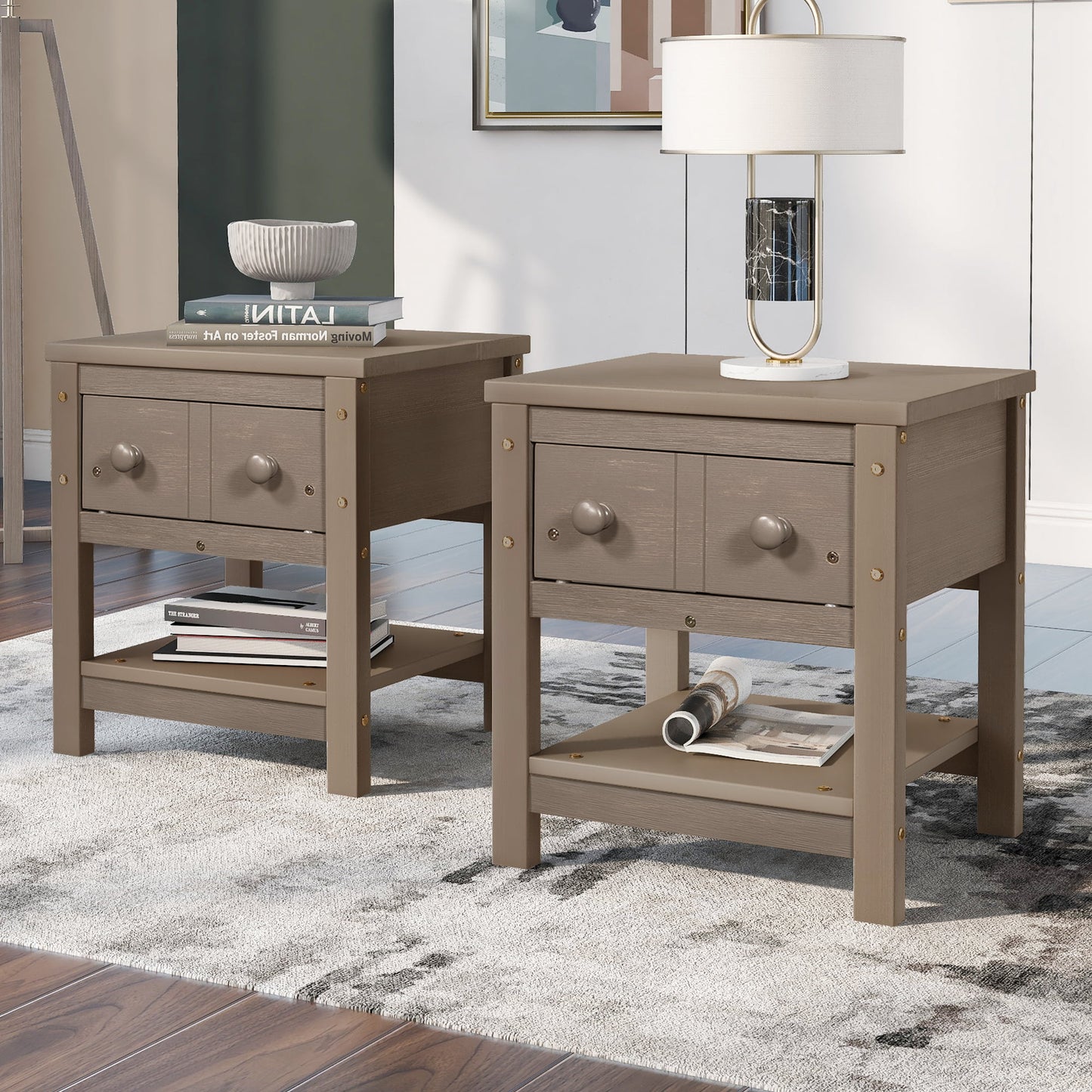 paproos Modern End Table Set of 2 with a Drawer and One Shelf, Modern Style Bedside Table, Wood Bedside Table for Bedroom, Living Room, Sofa Couch, Hall, Easy Assembly