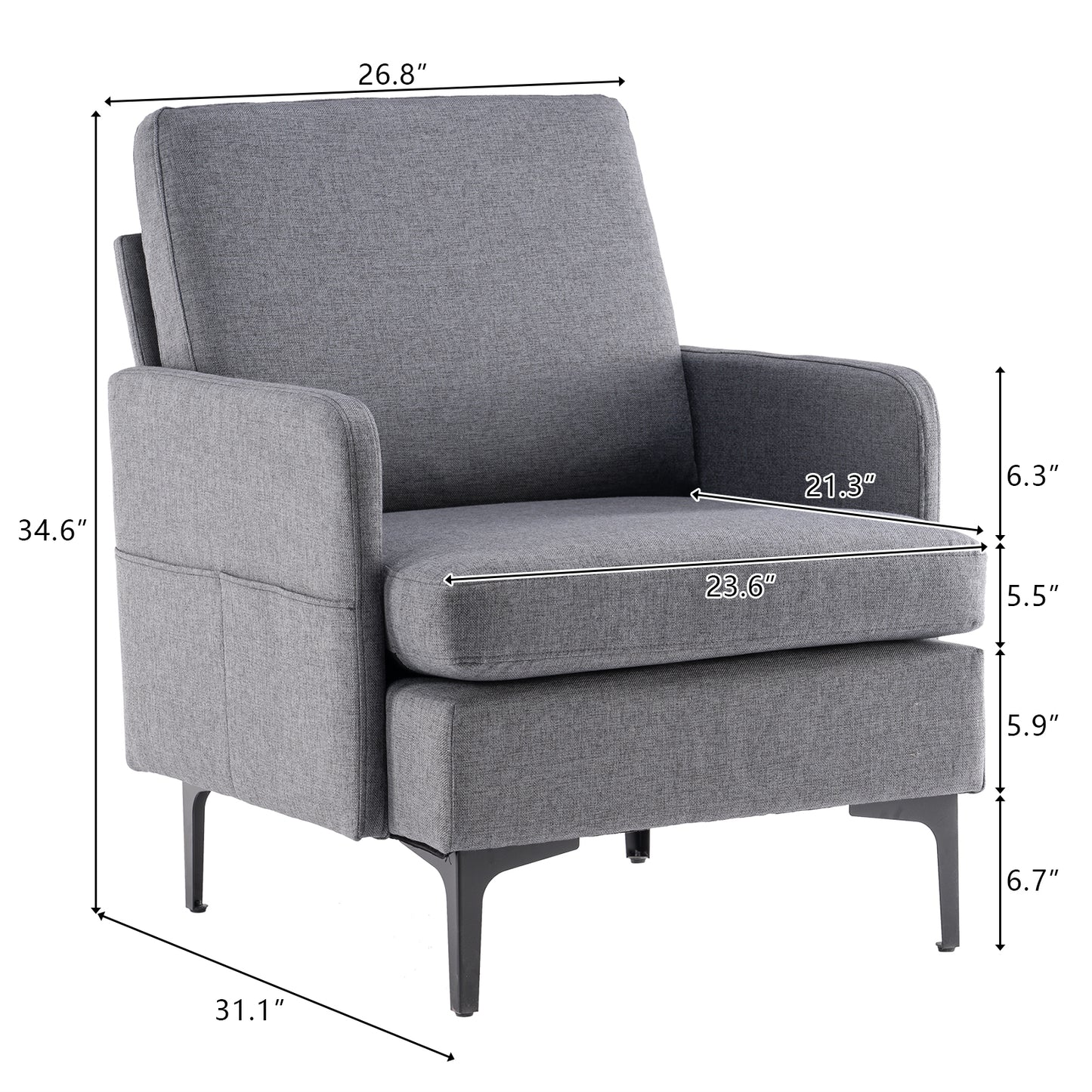 paproos Modern Accent Chair with Wood Legs, Velvet Upholstered Armchair, Club Leisure Modern Chair for Living Room Bedroom, Gray