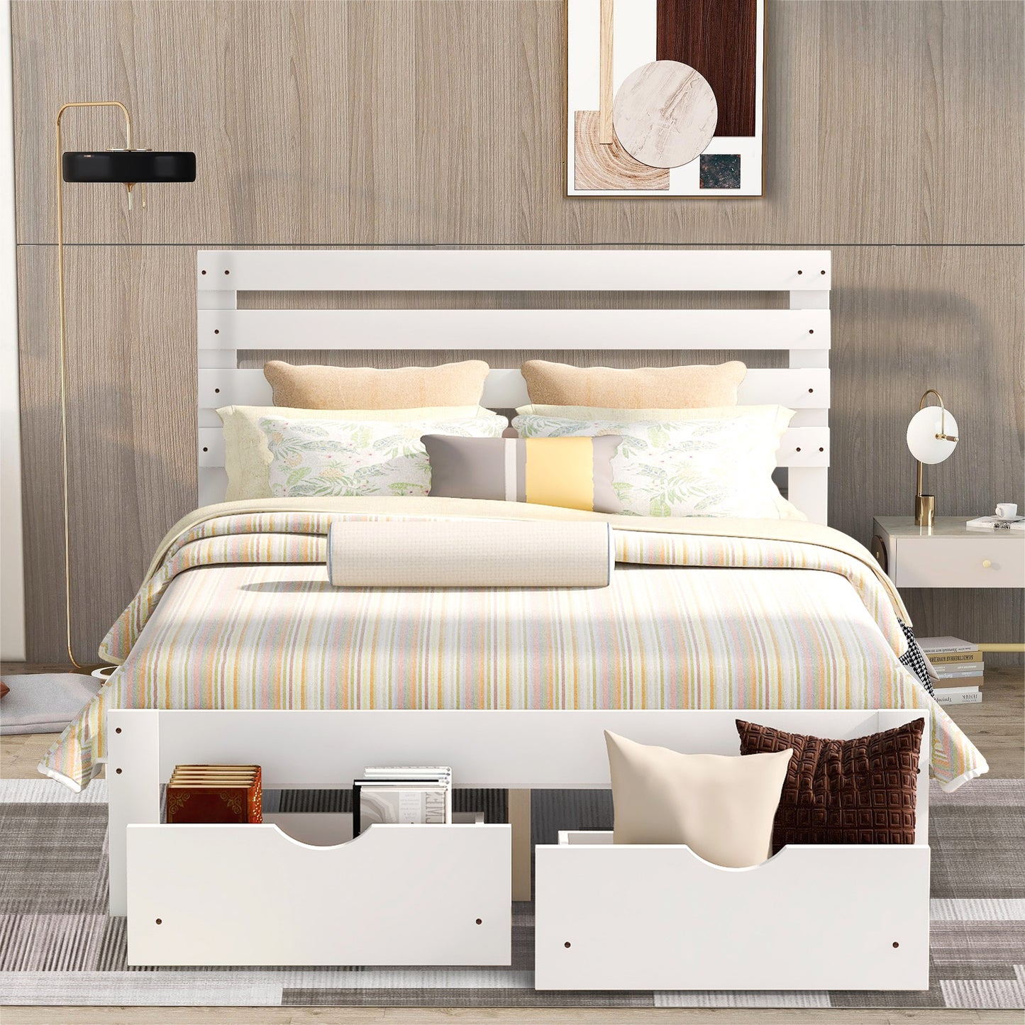 paproos Full Bed with Storage, Heavy Duty Wood Platform Bed Frame with Headboard and Under-bed Drawers, No Box Spring Needed, White
