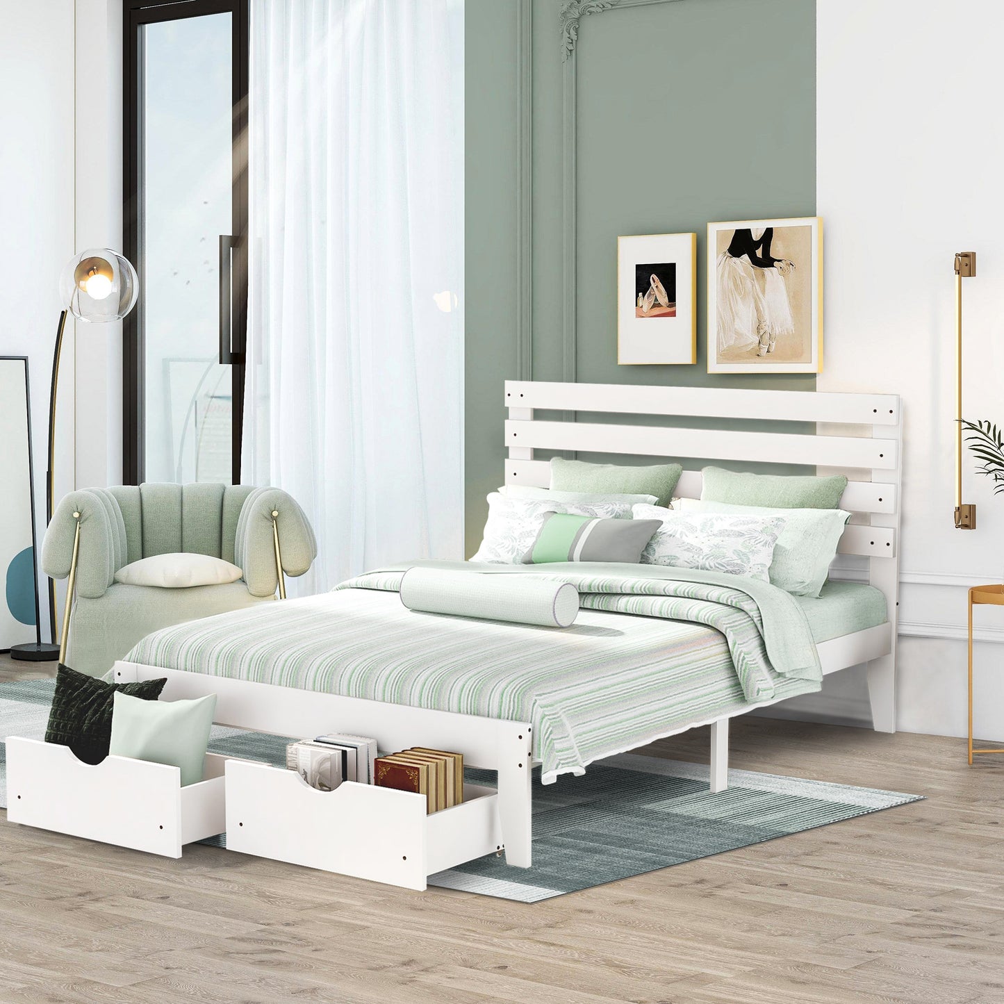 paproos Full Bed with Storage, Heavy Duty Wood Platform Bed Frame with Headboard and Under-bed Drawers, No Box Spring Needed, White