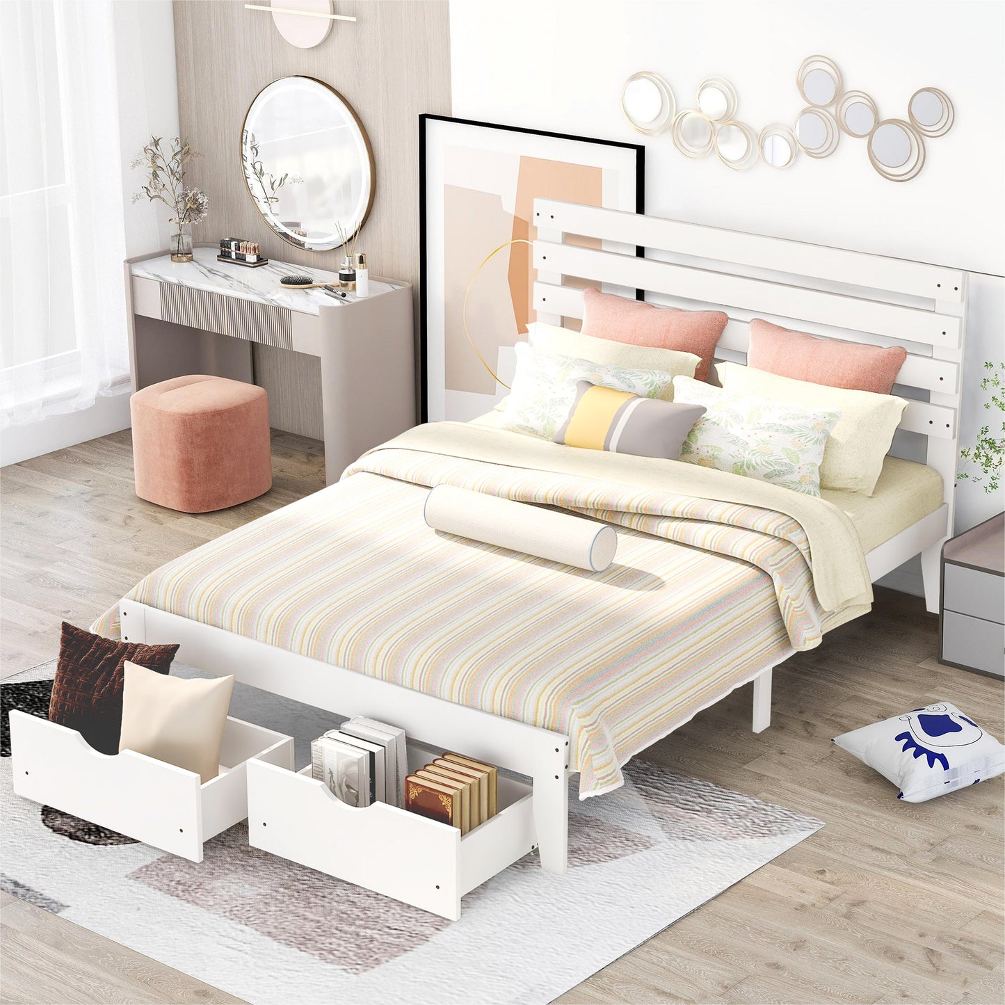paproos Full Bed with Storage, Heavy Duty Wood Platform Bed Frame with Headboard and Under-bed Drawers, No Box Spring Needed, White