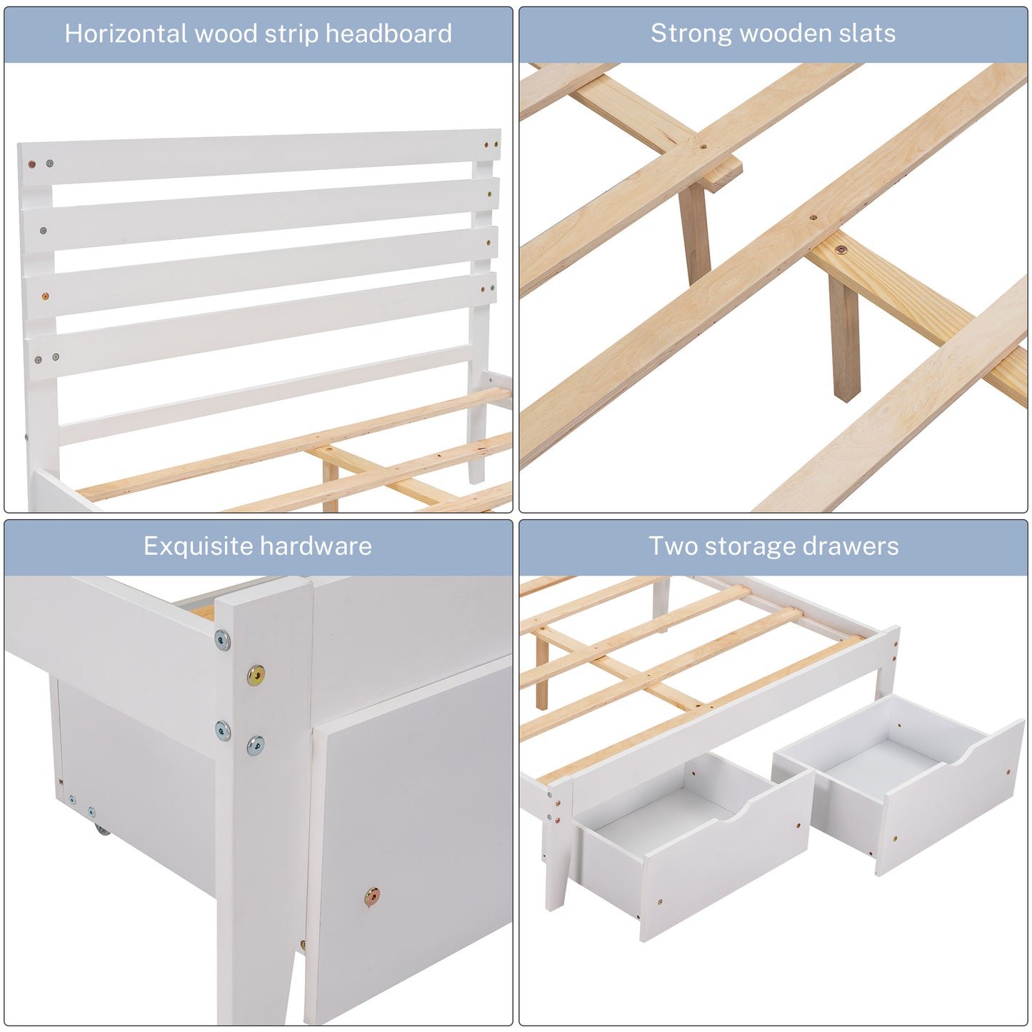 paproos Full Bed with Storage, Heavy Duty Wood Platform Bed Frame with Headboard and Under-bed Drawers, No Box Spring Needed, White