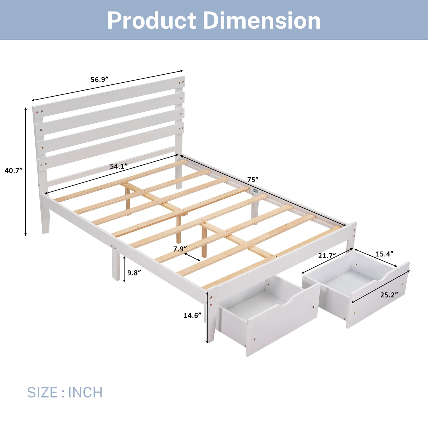 paproos Full Bed with Storage, Heavy Duty Wood Platform Bed Frame with Headboard and Under-bed Drawers, No Box Spring Needed, White