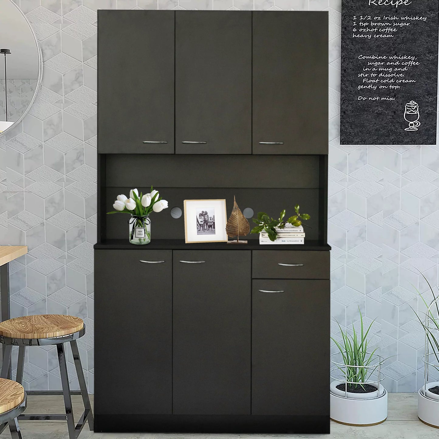 paproos Buffet Cabinet with Hutch, Kitchen Pantry Storage Cabinet, Black Sideboard for Kitchen, Storage Microwave Cabinet with Storage Space