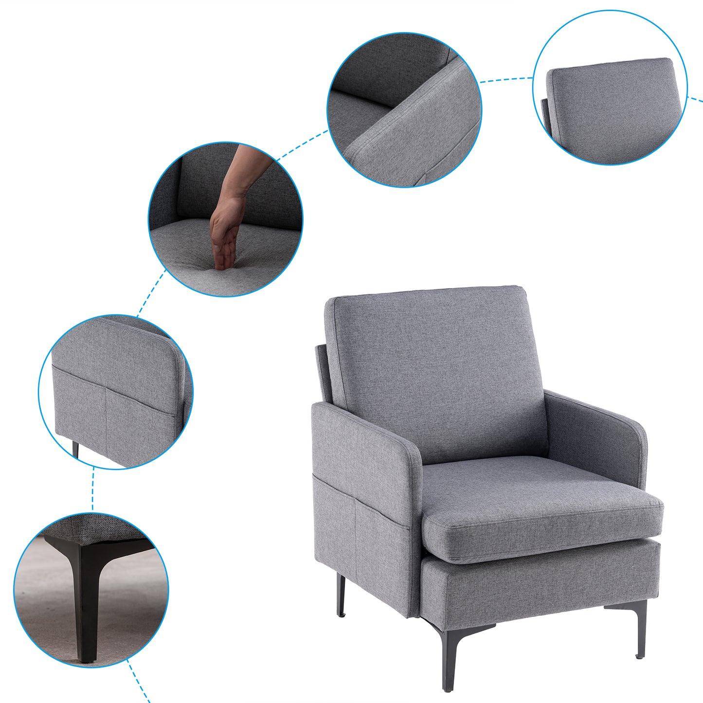 paproos Modern Accent Chair with Wood Legs, Velvet Upholstered Armchair, Club Leisure Modern Chair for Living Room Bedroom, Gray