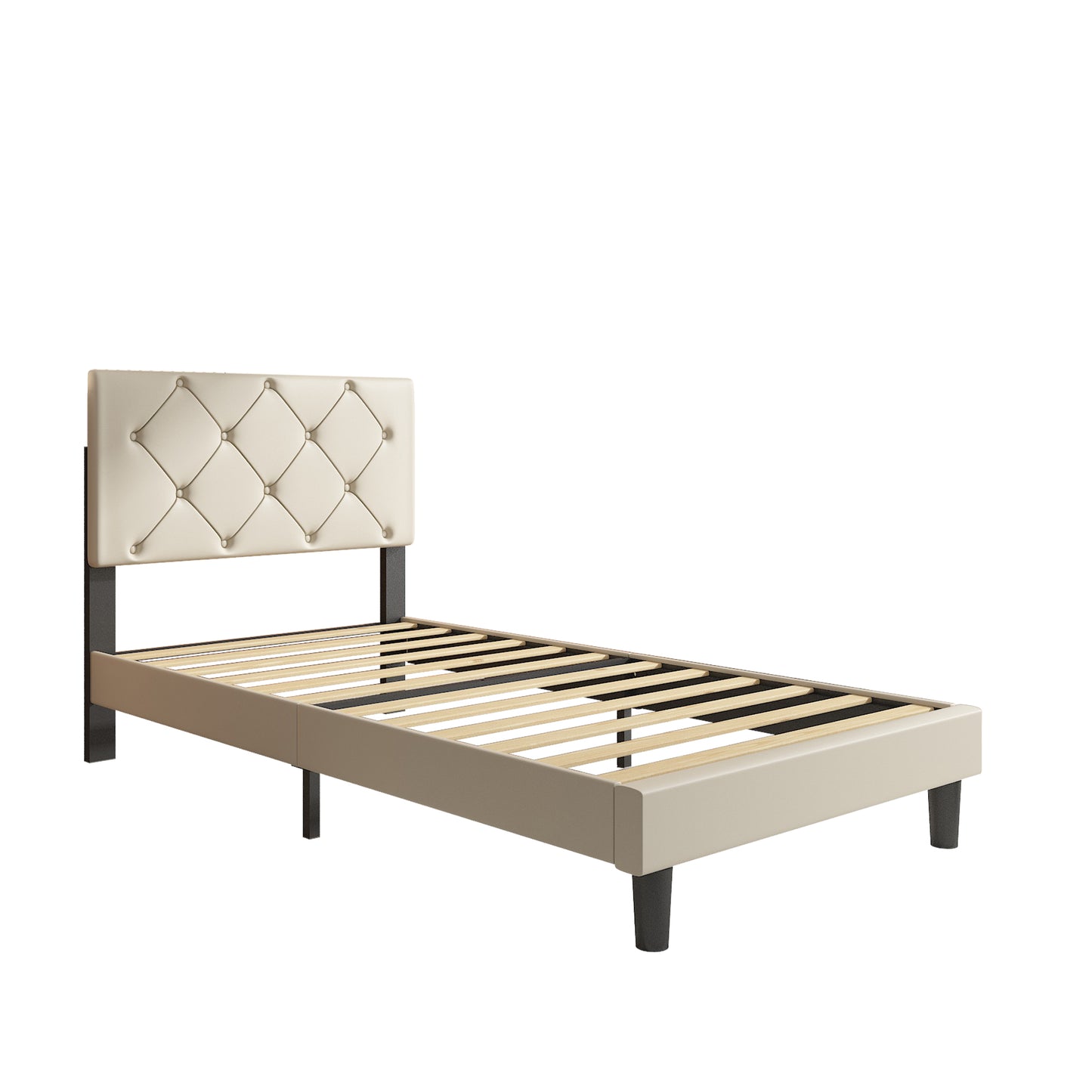 paproos Twin Bed Frame, Upholstered Faux Leather Platform Bed with Headboard