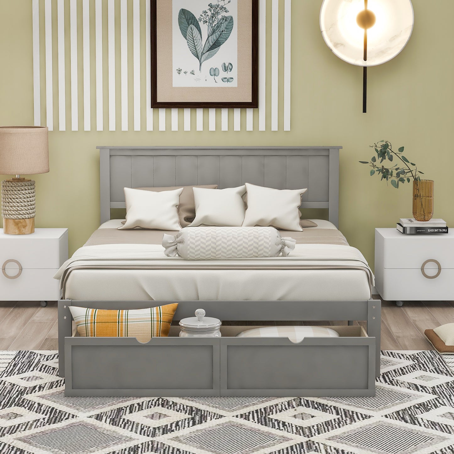 paproos Full Bed with Storage, Heavy Duty Wood Platform Bed Frame with Headboard and Under-bed Drawers, No Box Spring Needed, White